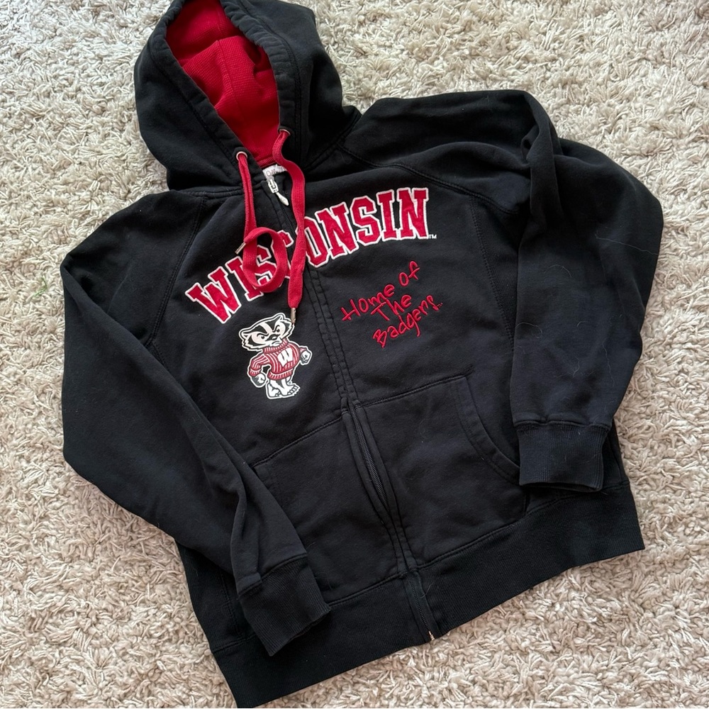 WISCONSIN BADGER E5 ZIP UP HOODIE Bucky Sweatshirt Home Logo Spell Out Patches M